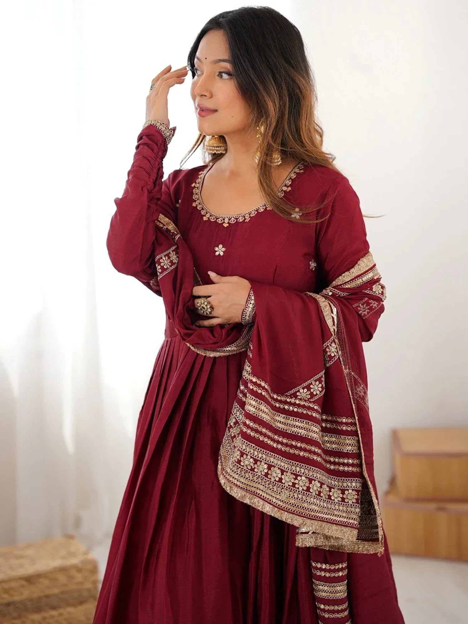 Maroon Outstanding Silk Sequins Embroidered Anarkali Suit