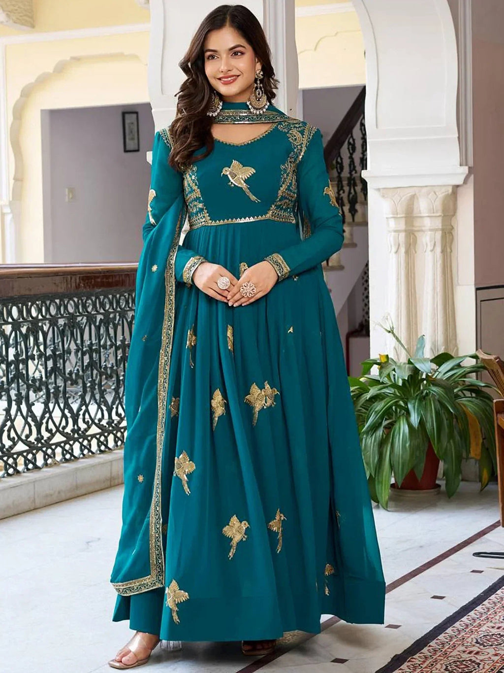 Green Attractive Embroidered Georgette Festival Wear Gown With Dupatta