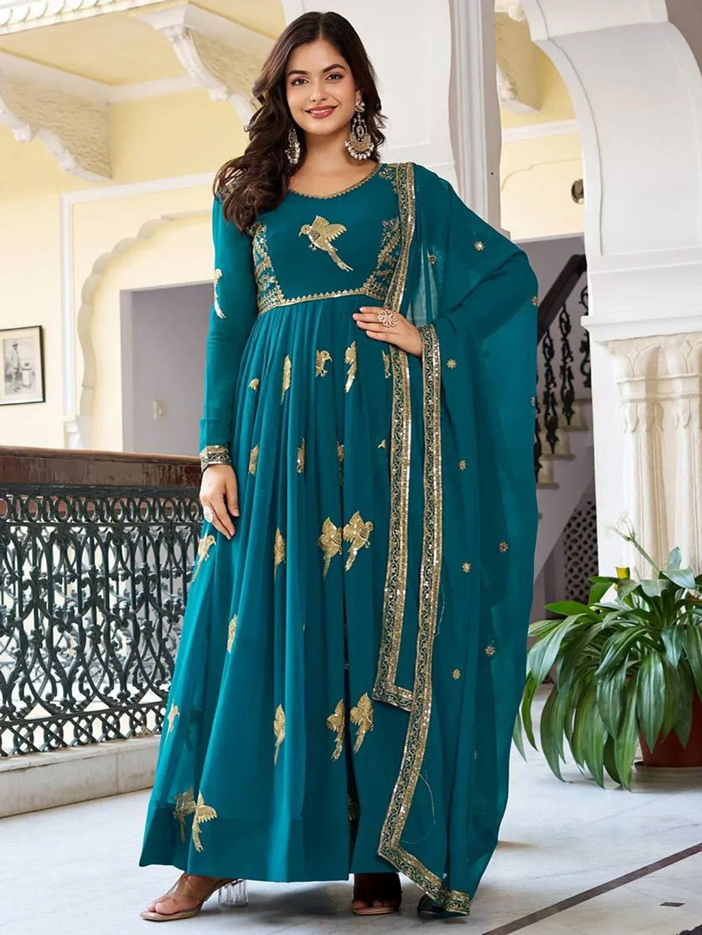 Green Attractive Embroidered Georgette Festival Wear Gown With Dupatta