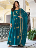 Green Attractive Embroidered Georgette Festival Wear Gown With Dupatta