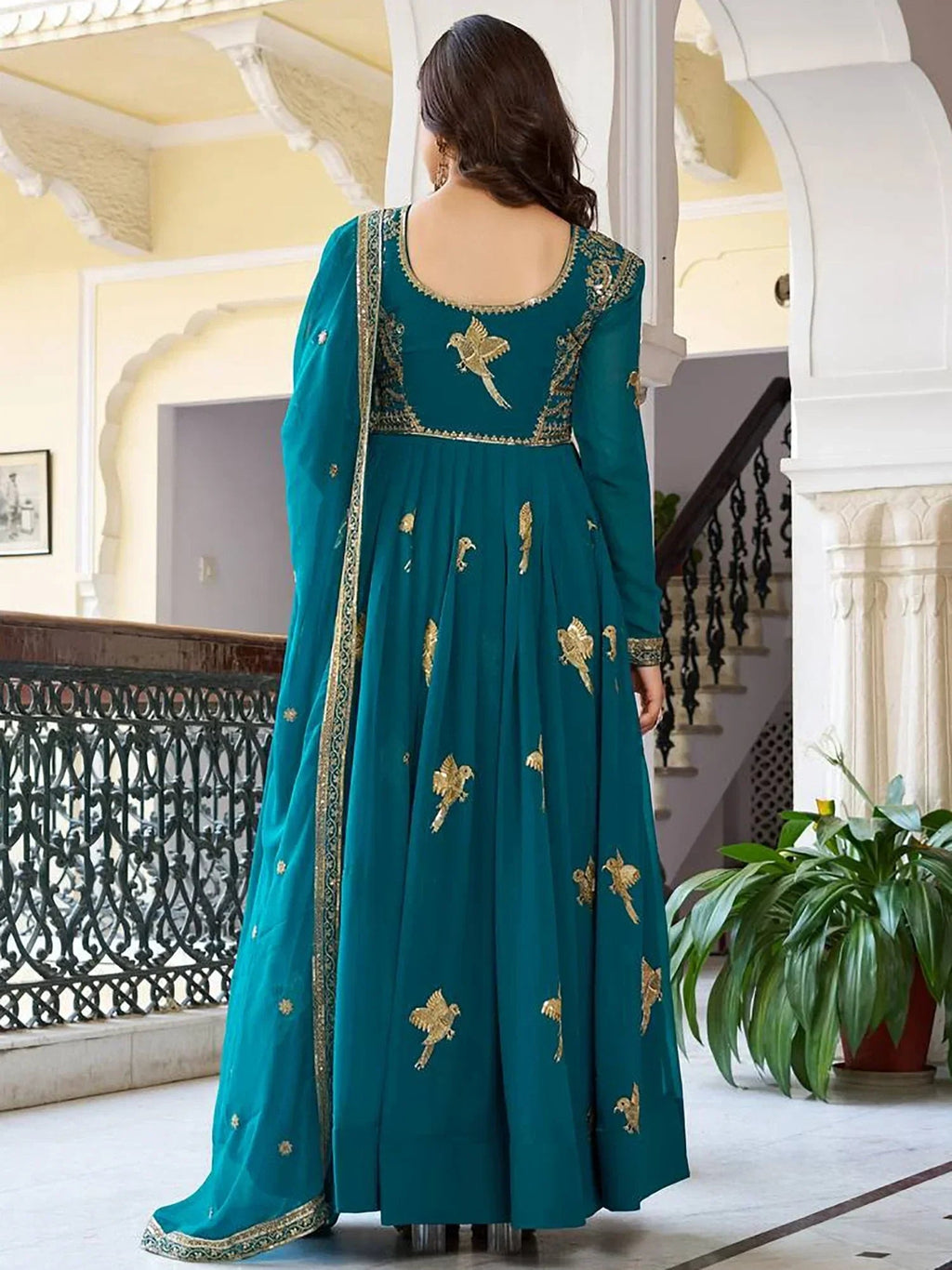 Green Attractive Embroidered Georgette Festival Wear Gown With Dupatta