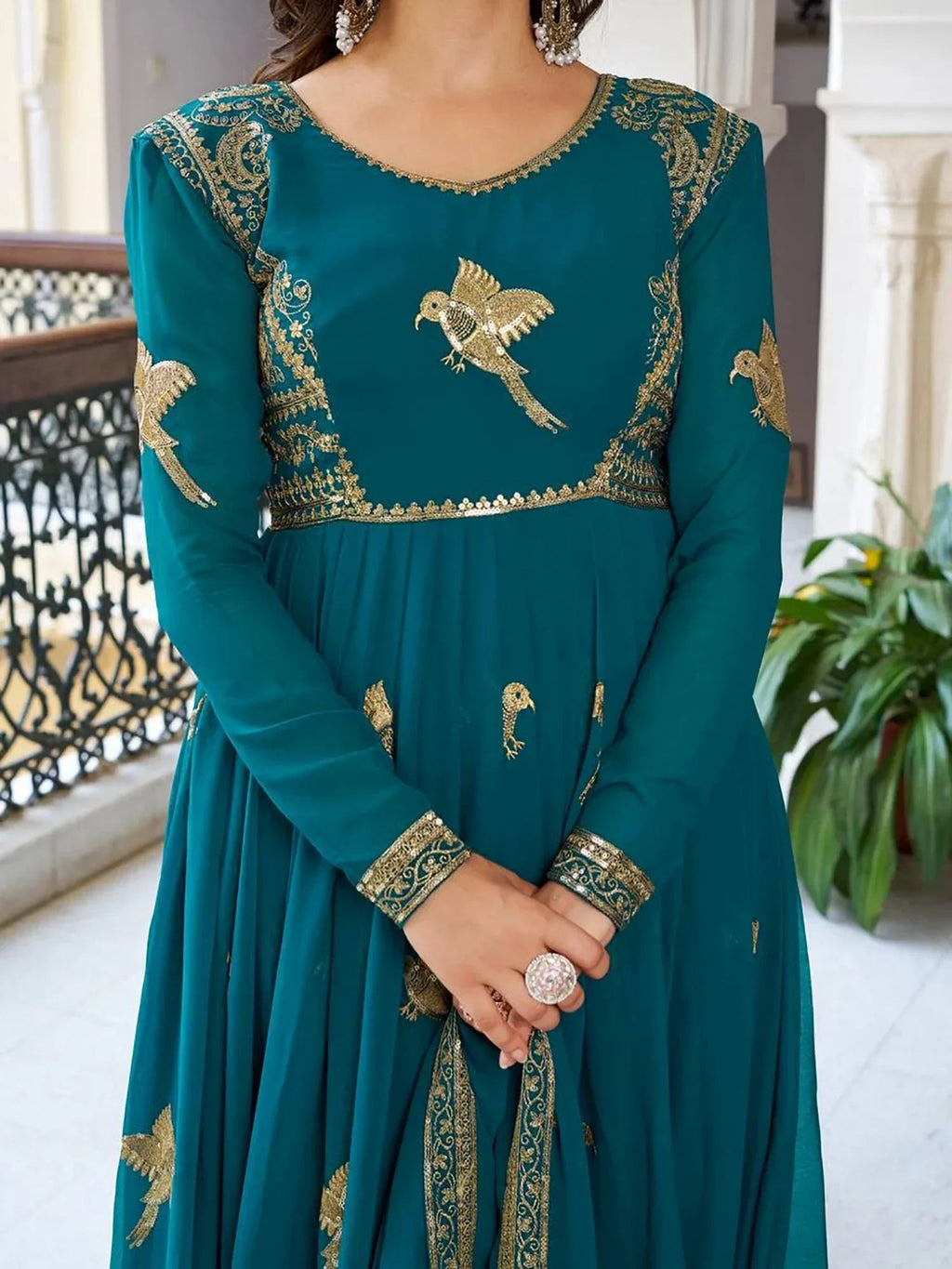 Green Attractive Embroidered Georgette Festival Wear Gown With Dupatta
