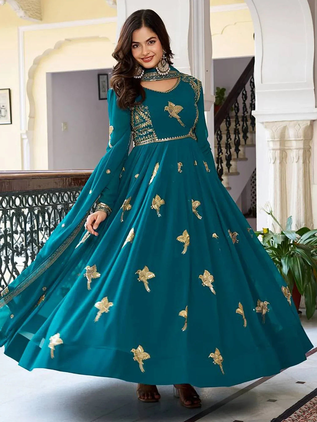 Green Attractive Embroidered Georgette Festival Wear Gown With Dupatta