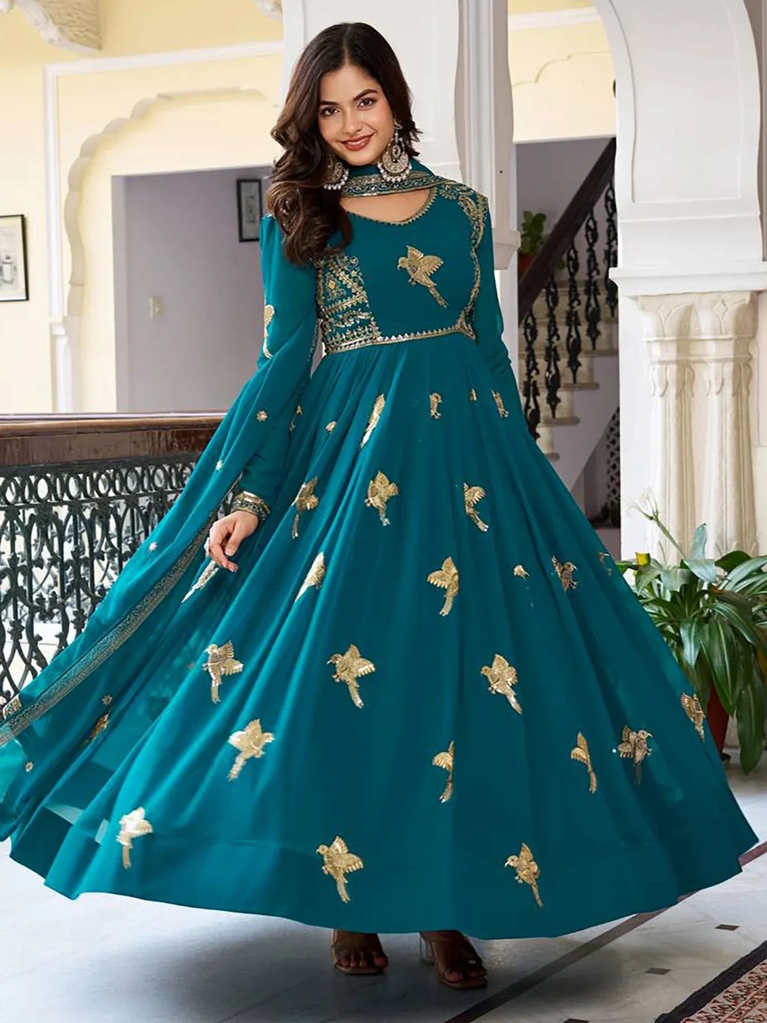 Green Attractive Embroidered Georgette Festival Wear Gown With Dupatta