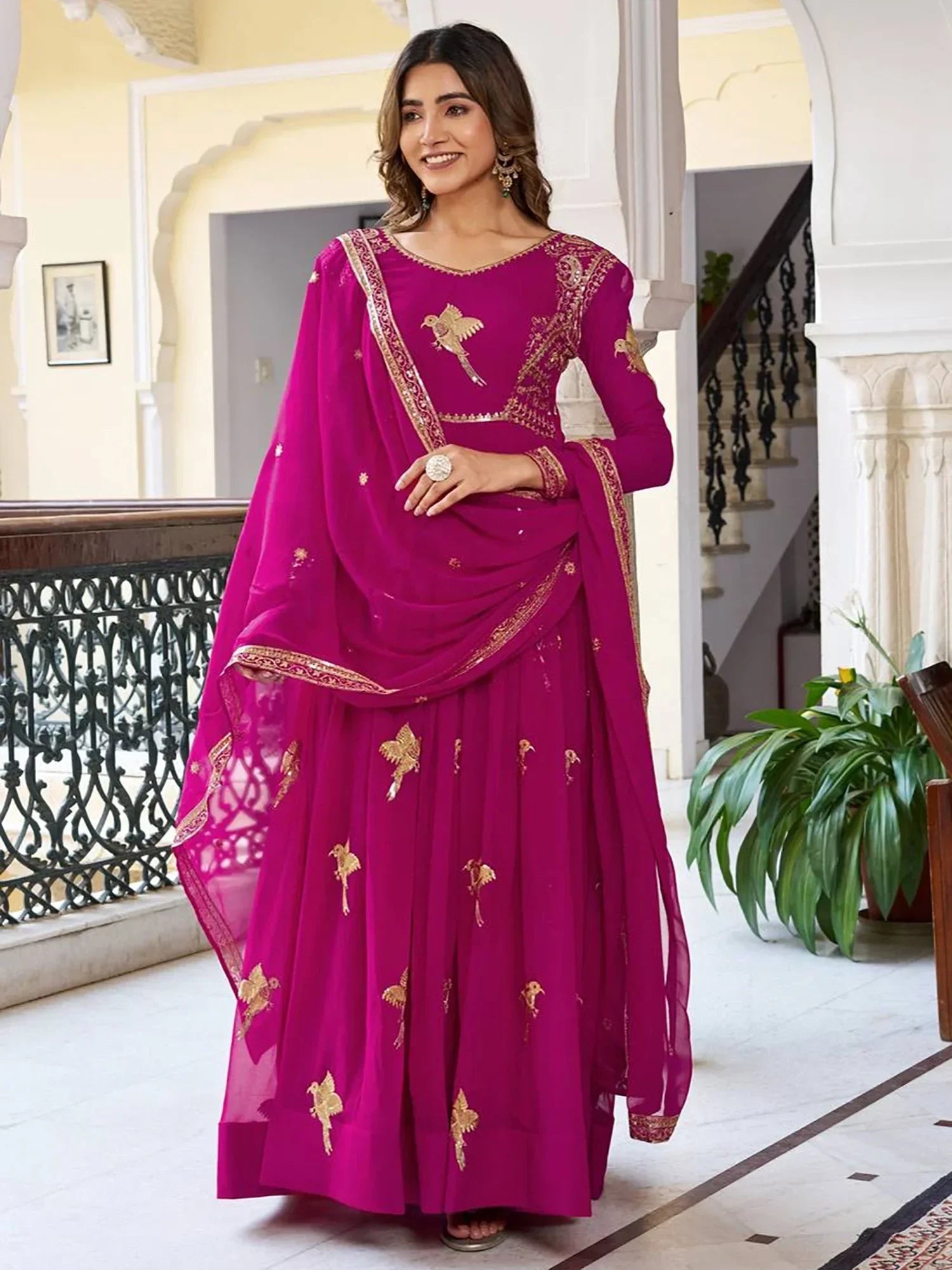 Pink Attractive Embroidered Georgette Festival Wear Gown With Dupatta