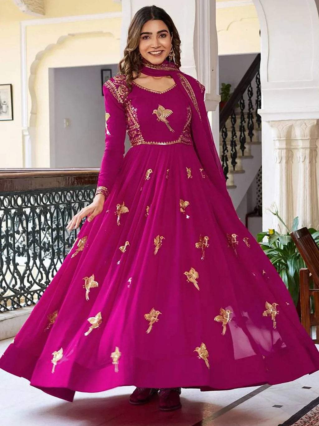 Pink Attractive Embroidered Georgette Festival Wear Gown With Dupatta