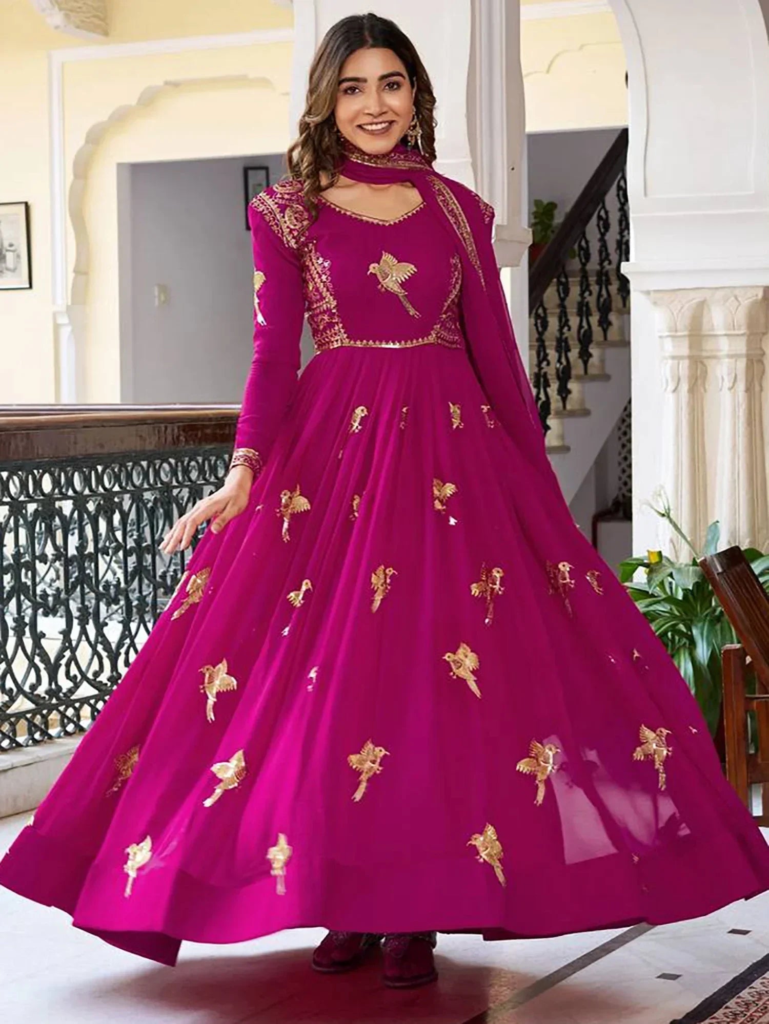 Pink Attractive Embroidered Georgette Festival Wear Gown With Dupatta