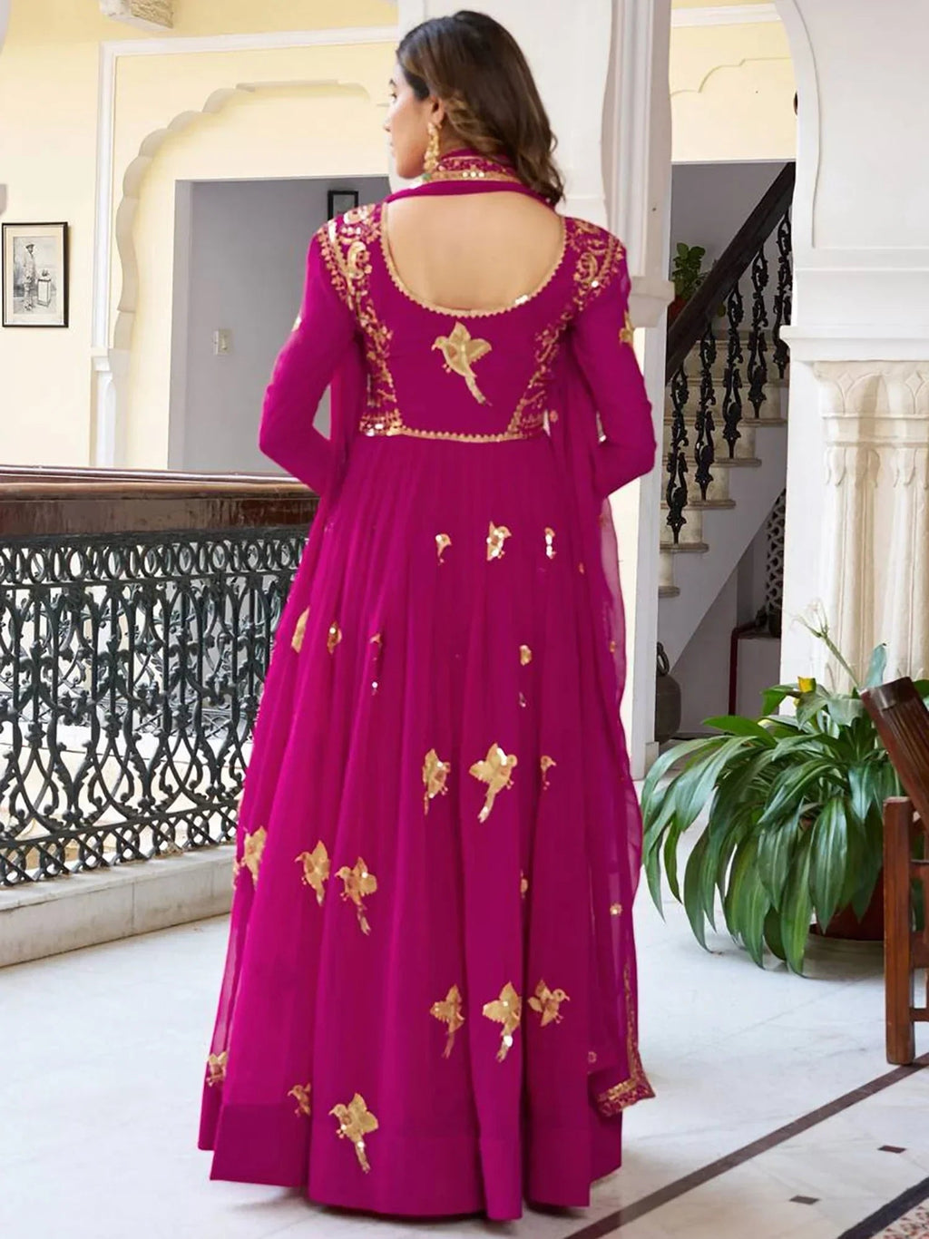 Pink Attractive Embroidered Georgette Festival Wear Gown With Dupatta