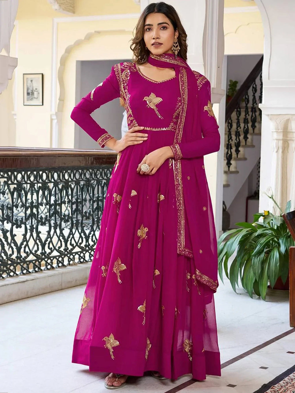 Pink Attractive Embroidered Georgette Festival Wear Gown With Dupatta
