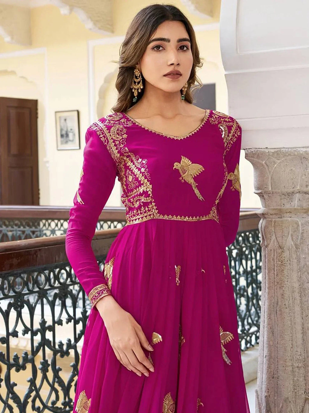 Pink Attractive Embroidered Georgette Festival Wear Gown With Dupatta