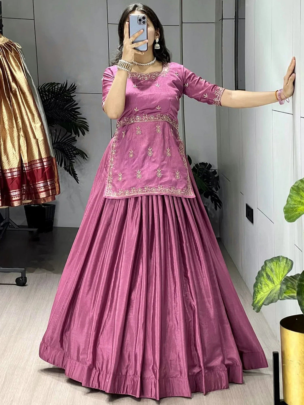 Stunning Purple Embroidered Silk Engagement Wear Crop Top Lehenga