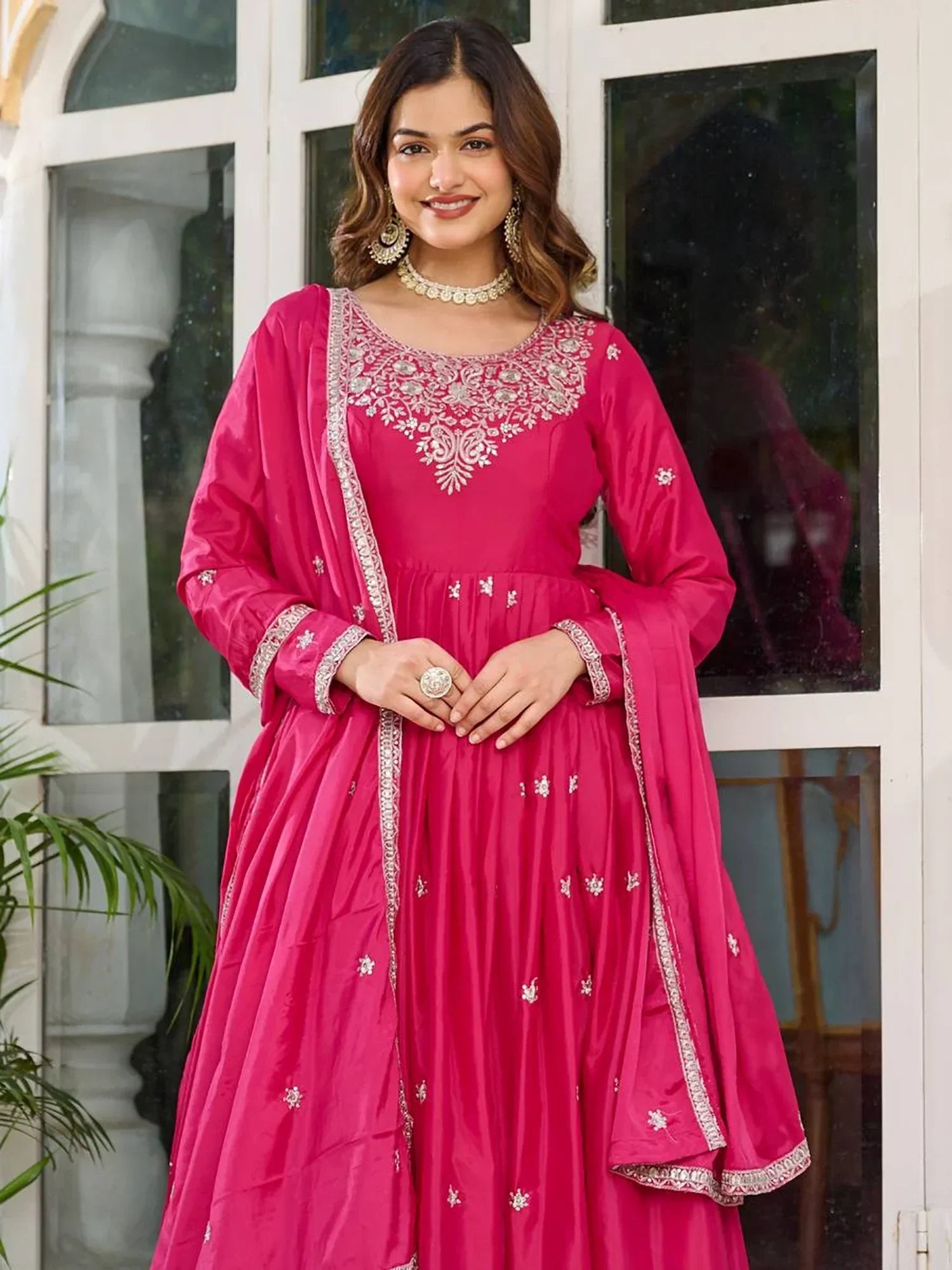 Pink Lovely Embroidered Silk Festival Wear Gown With Dupatta