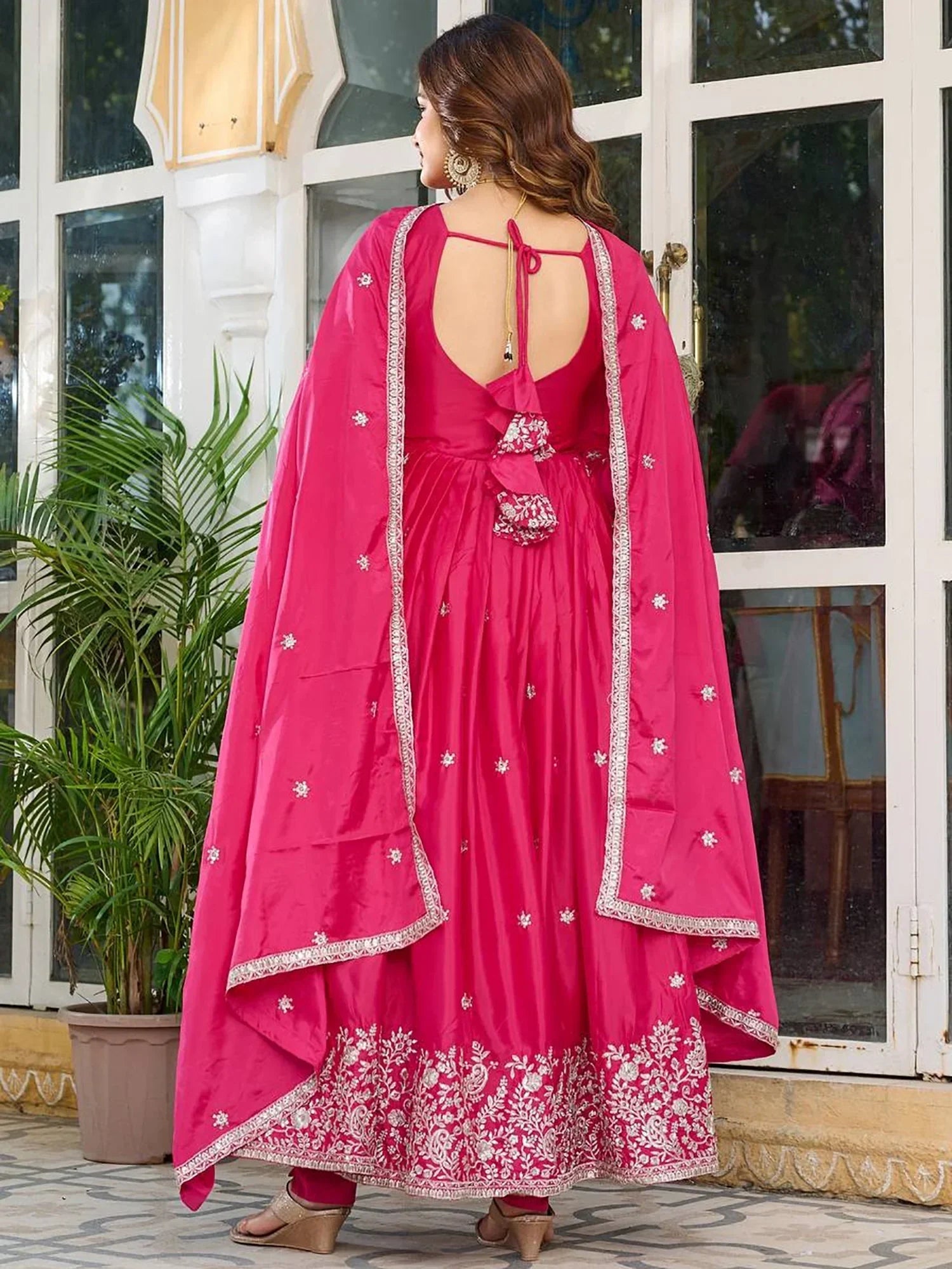 Pink Lovely Embroidered Silk Festival Wear Gown With Dupatta