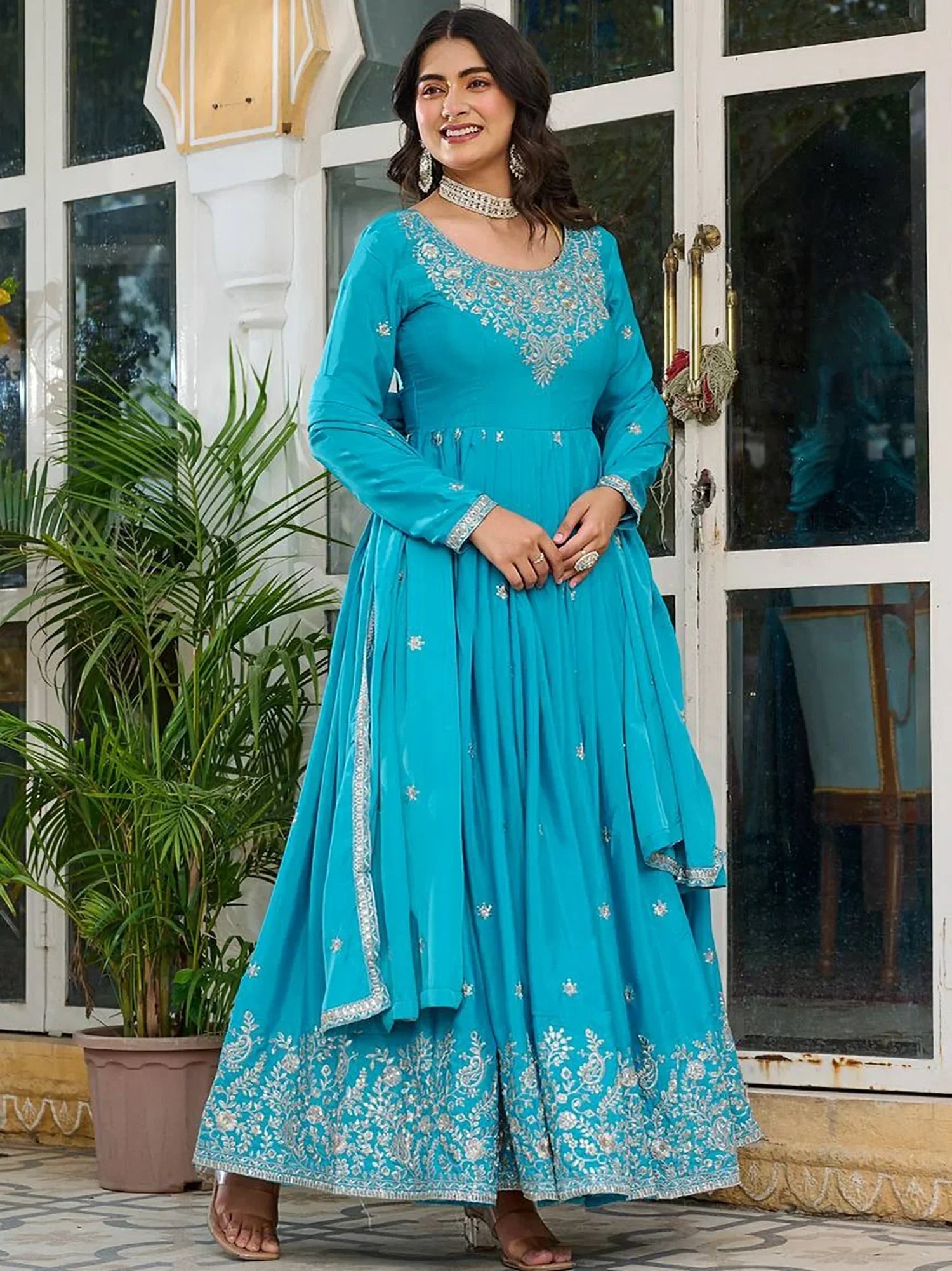 Sky Blue Lovely Embroidered Silk Festival Wear Gown With Dupatta