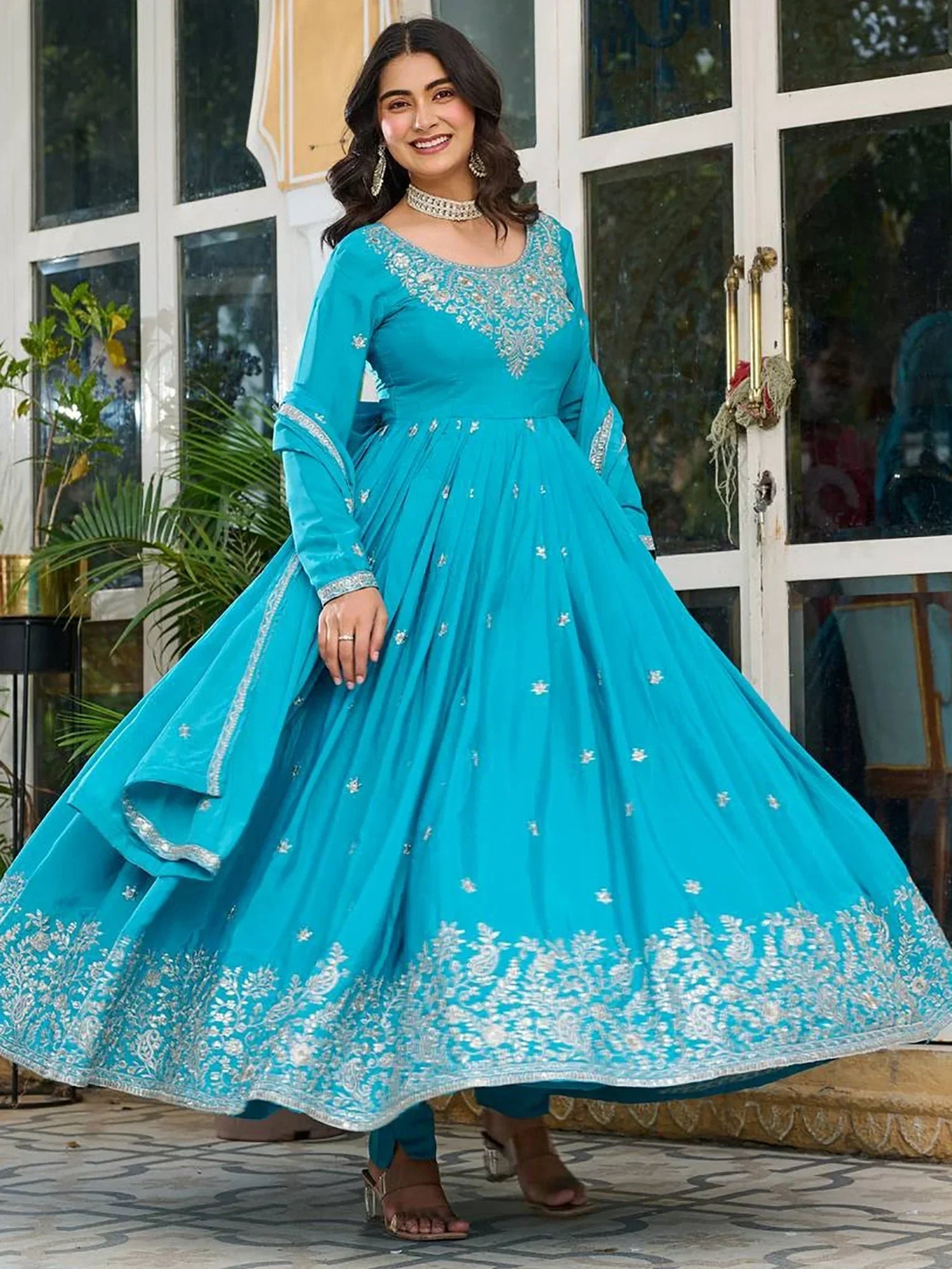 Sky Blue Lovely Embroidered Silk Festival Wear Gown With Dupatta
