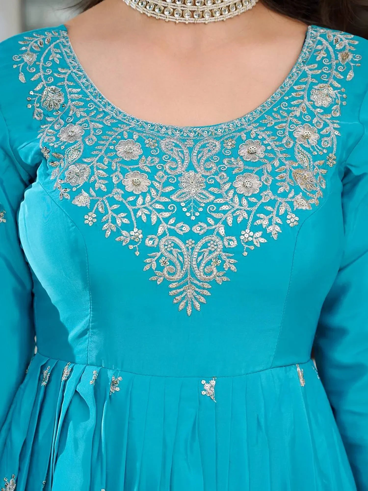 Sky Blue Lovely Embroidered Silk Festival Wear Gown With Dupatta
