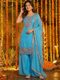 Blue Glamorous Embroidered Silk Wedding Wear Palazzo Suit