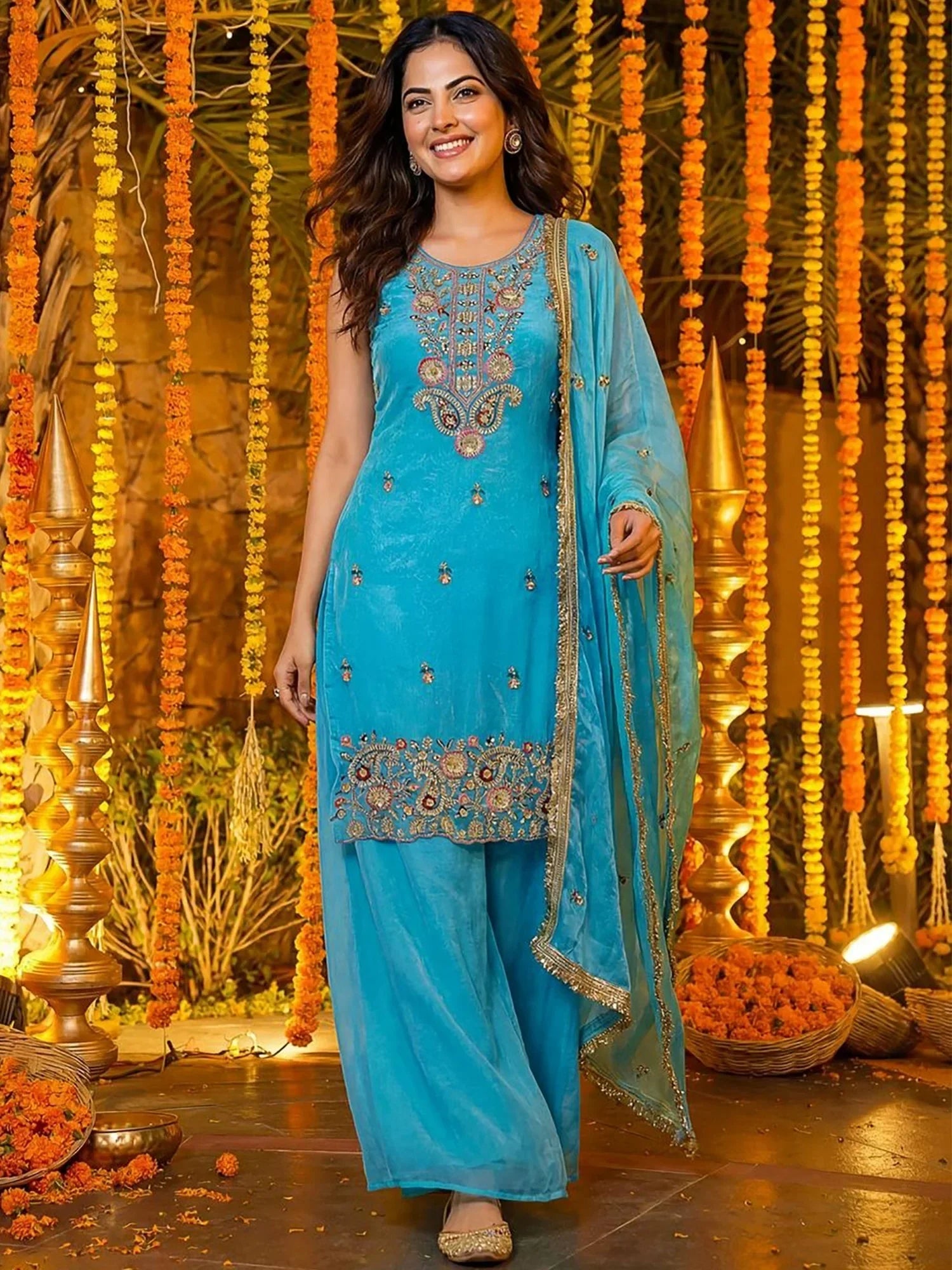 Blue Glamorous Embroidered Silk Wedding Wear Palazzo Suit