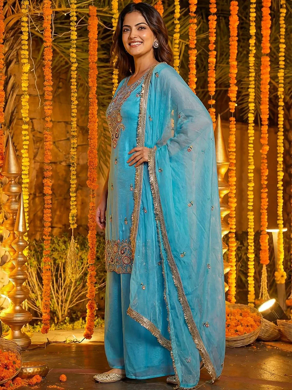 Blue Glamorous Embroidered Silk Wedding Wear Palazzo Suit