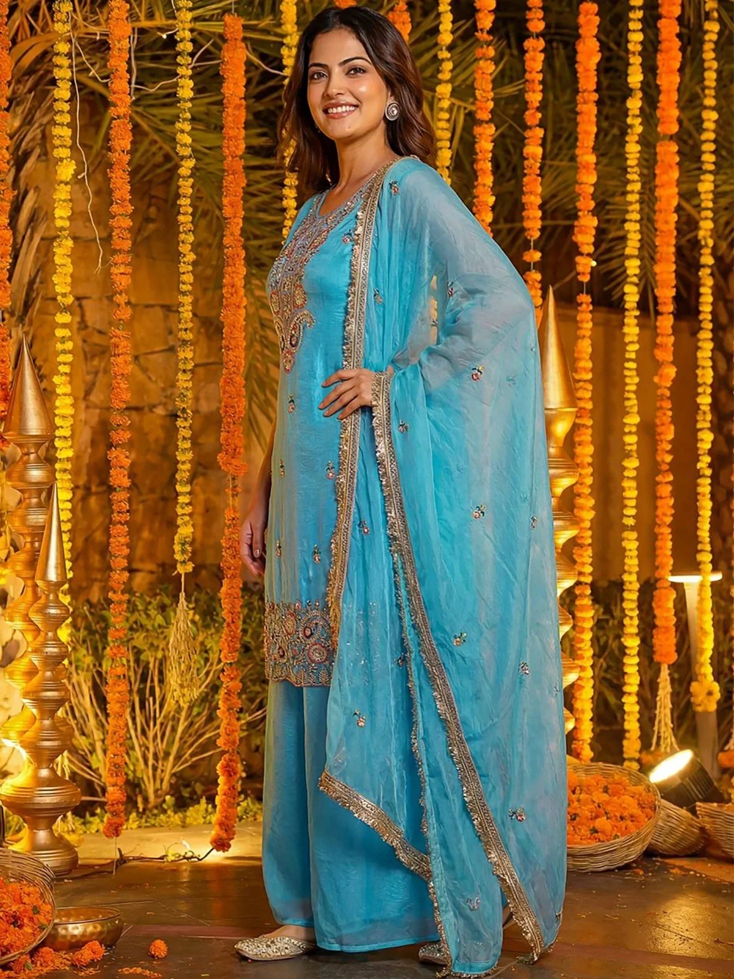Blue Glamorous Embroidered Silk Wedding Wear Palazzo Suit