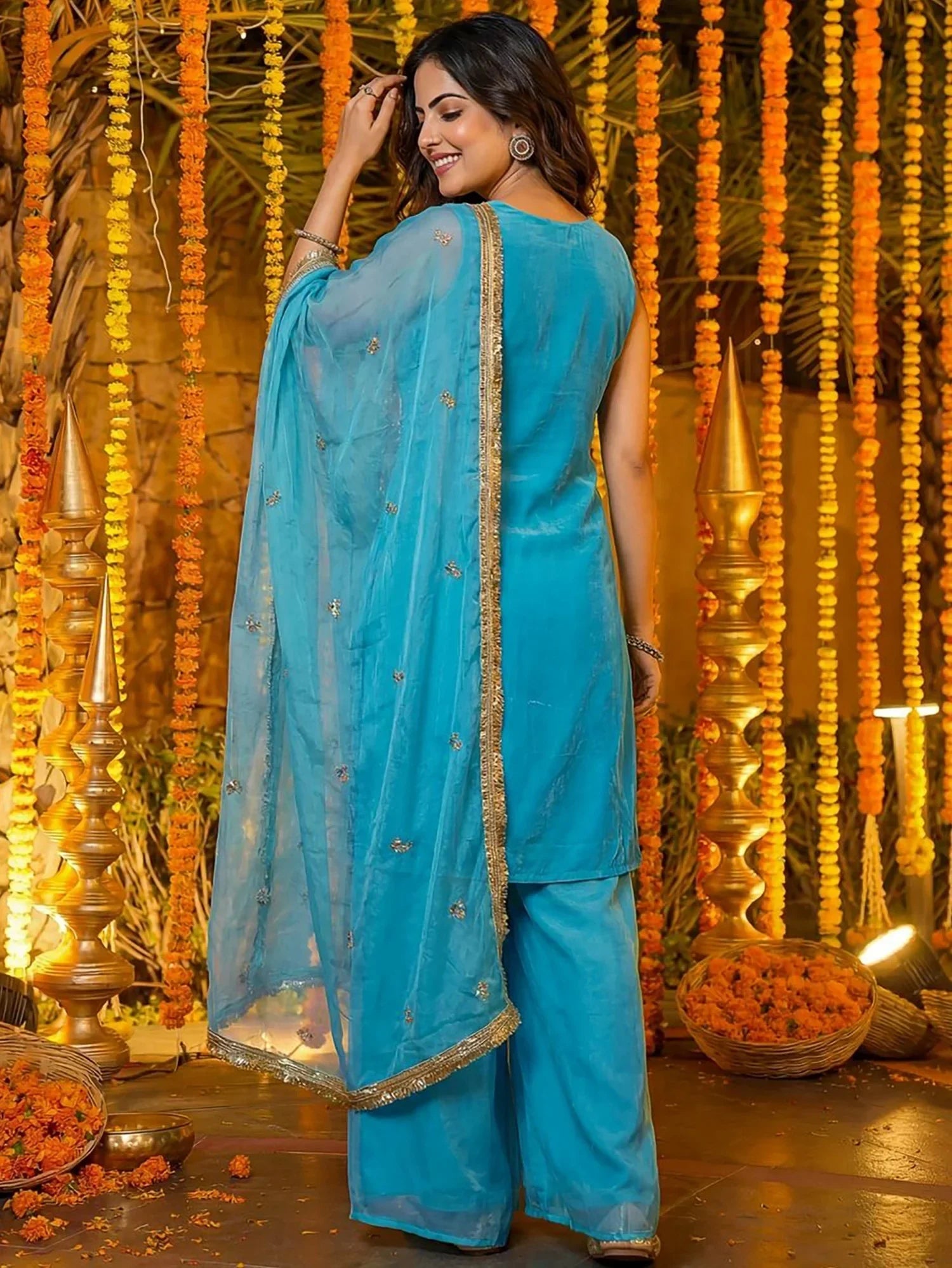 Blue Glamorous Embroidered Silk Wedding Wear Palazzo Suit