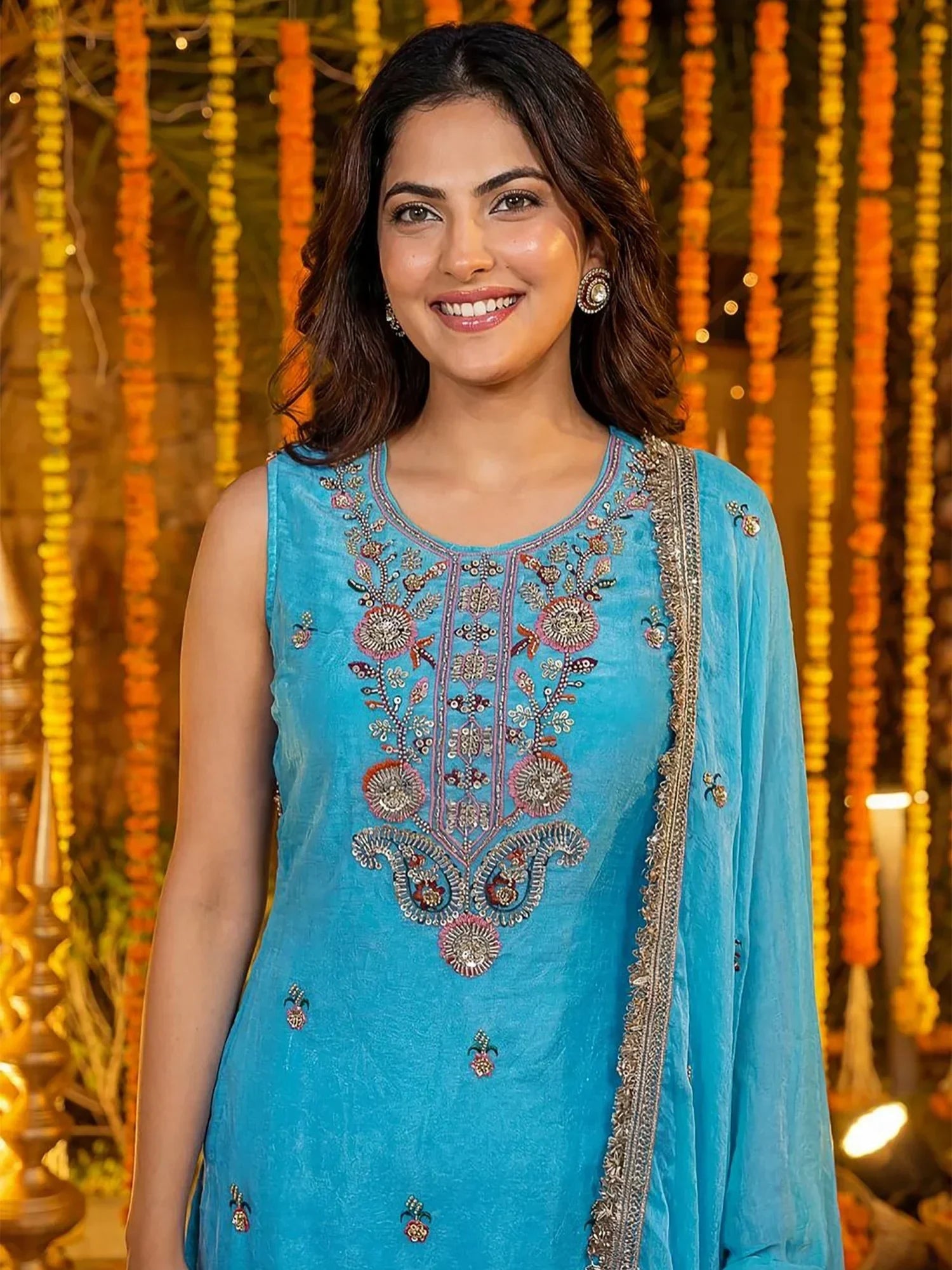 Blue Glamorous Embroidered Silk Wedding Wear Palazzo Suit