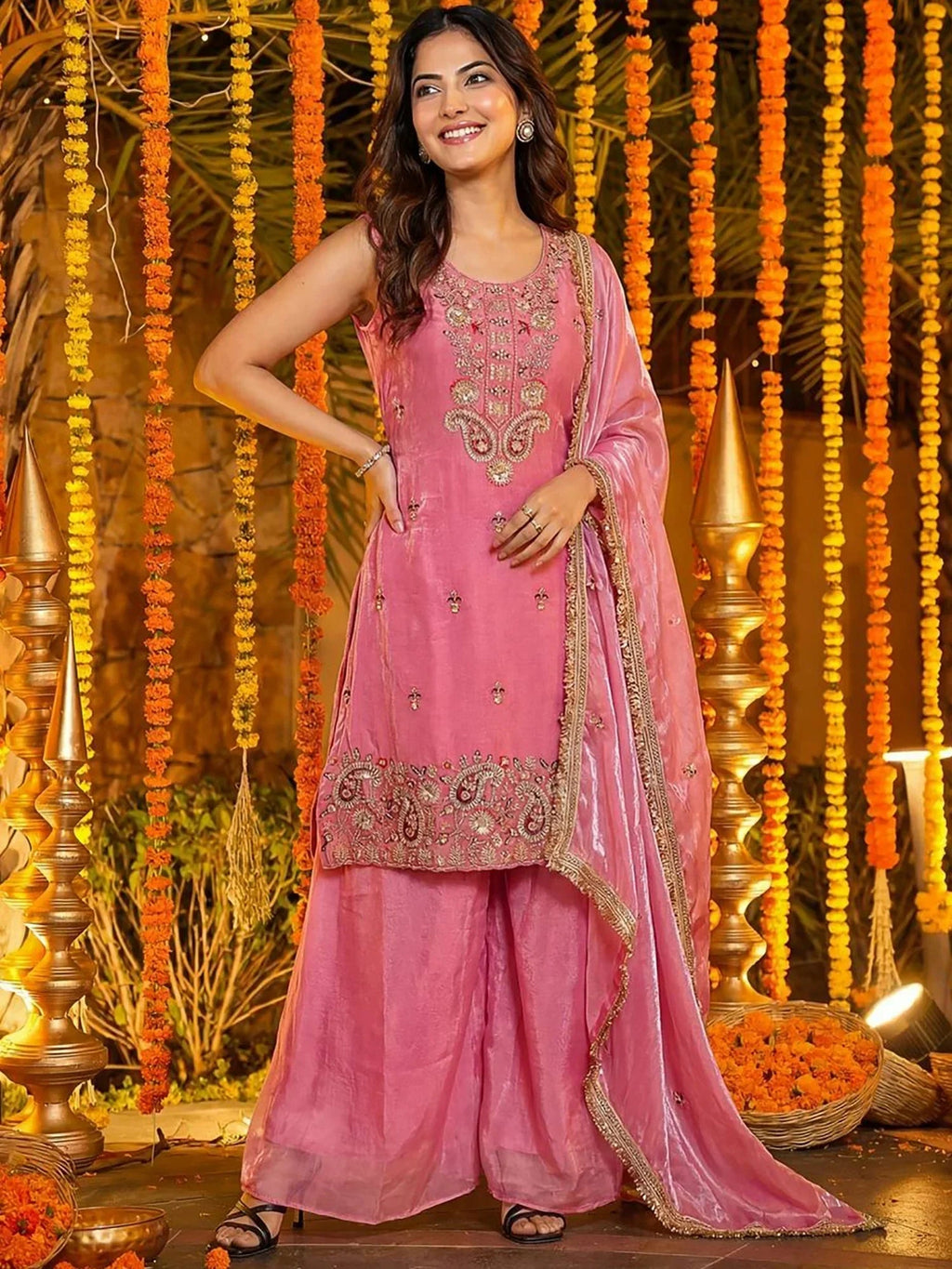 Pink Glamorous Embroidered Silk Wedding Wear Palazzo Suit
