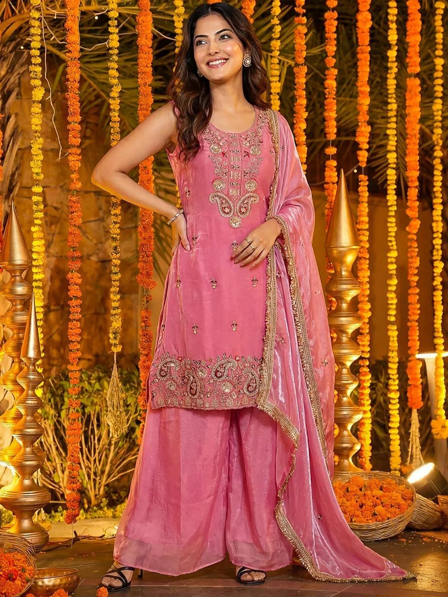 Pink Glamorous Embroidered Silk Wedding Wear Palazzo Suit