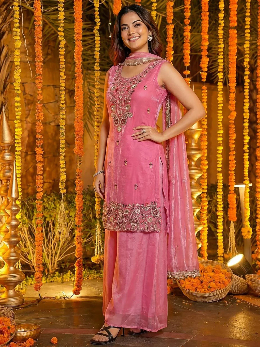 Pink Glamorous Embroidered Silk Wedding Wear Palazzo Suit