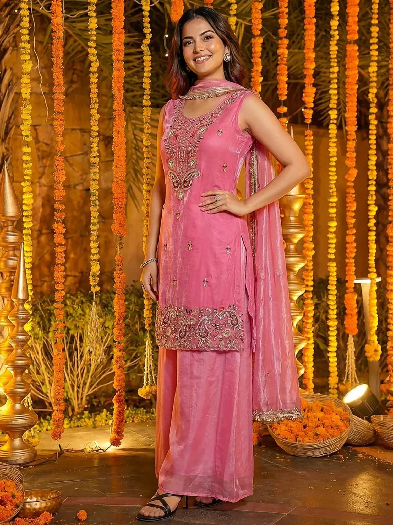 Pink Glamorous Embroidered Silk Wedding Wear Palazzo Suit