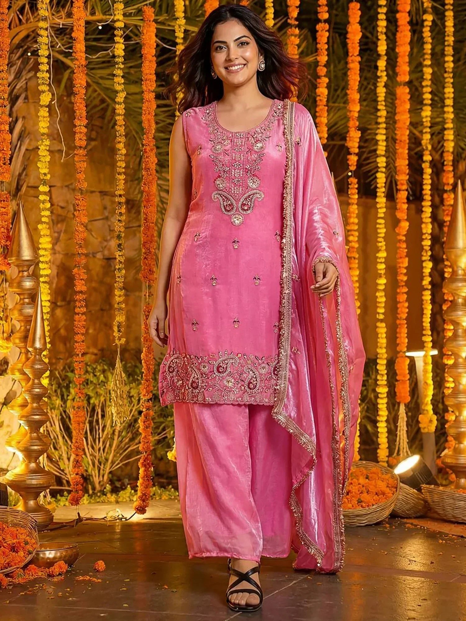 Pink Glamorous Embroidered Silk Wedding Wear Palazzo Suit