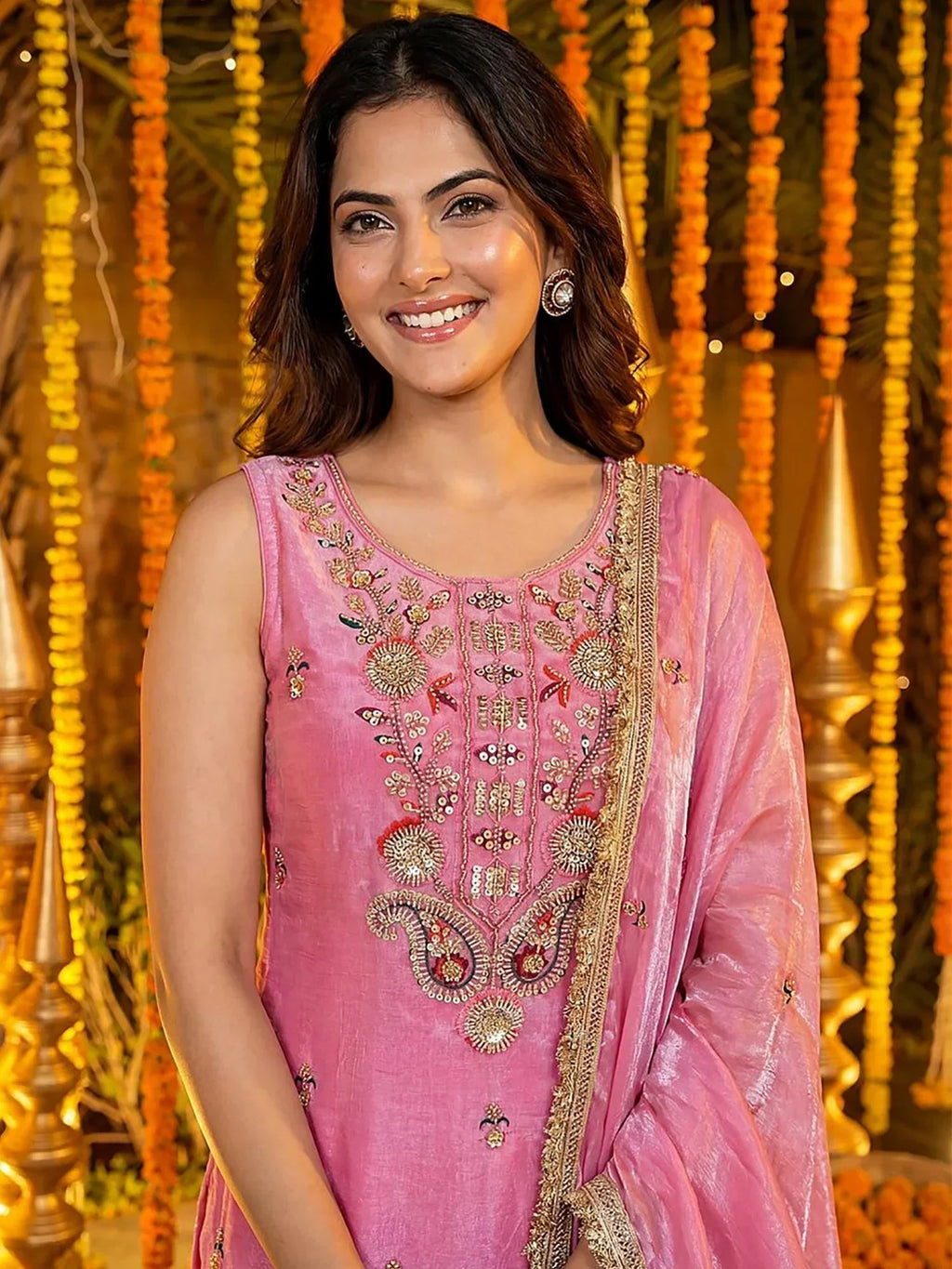 Pink Glamorous Embroidered Silk Wedding Wear Palazzo Suit