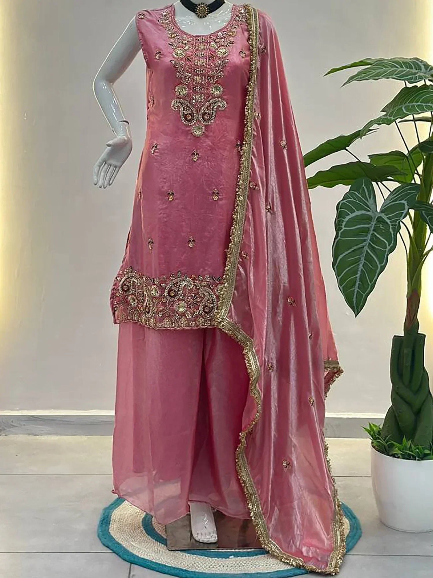 Pink Glamorous Embroidered Silk Wedding Wear Palazzo Suit