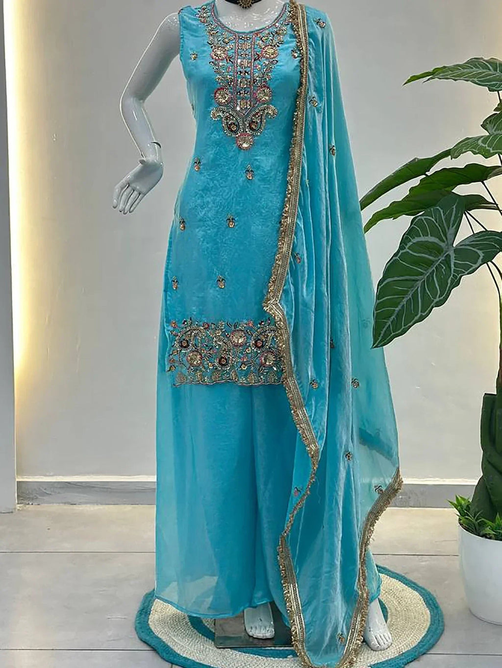 Blue Glamorous Embroidered Silk Wedding Wear Palazzo Suit