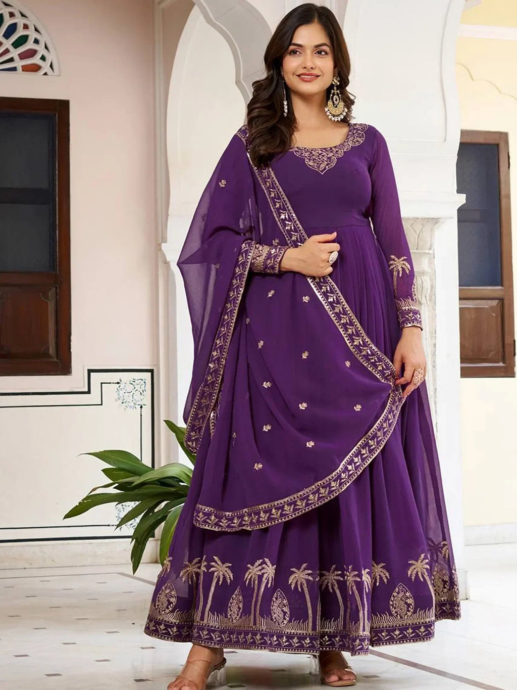 Purple Lovely Embroidered Georgette Function Wear Gown With Dupatta