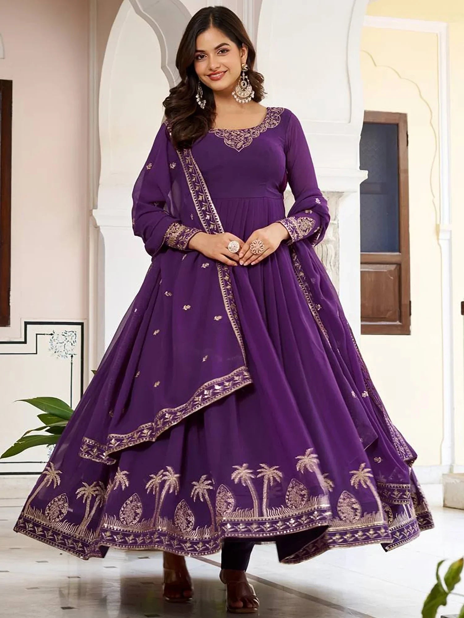 Purple Lovely Embroidered Georgette Function Wear Gown With Dupatta
