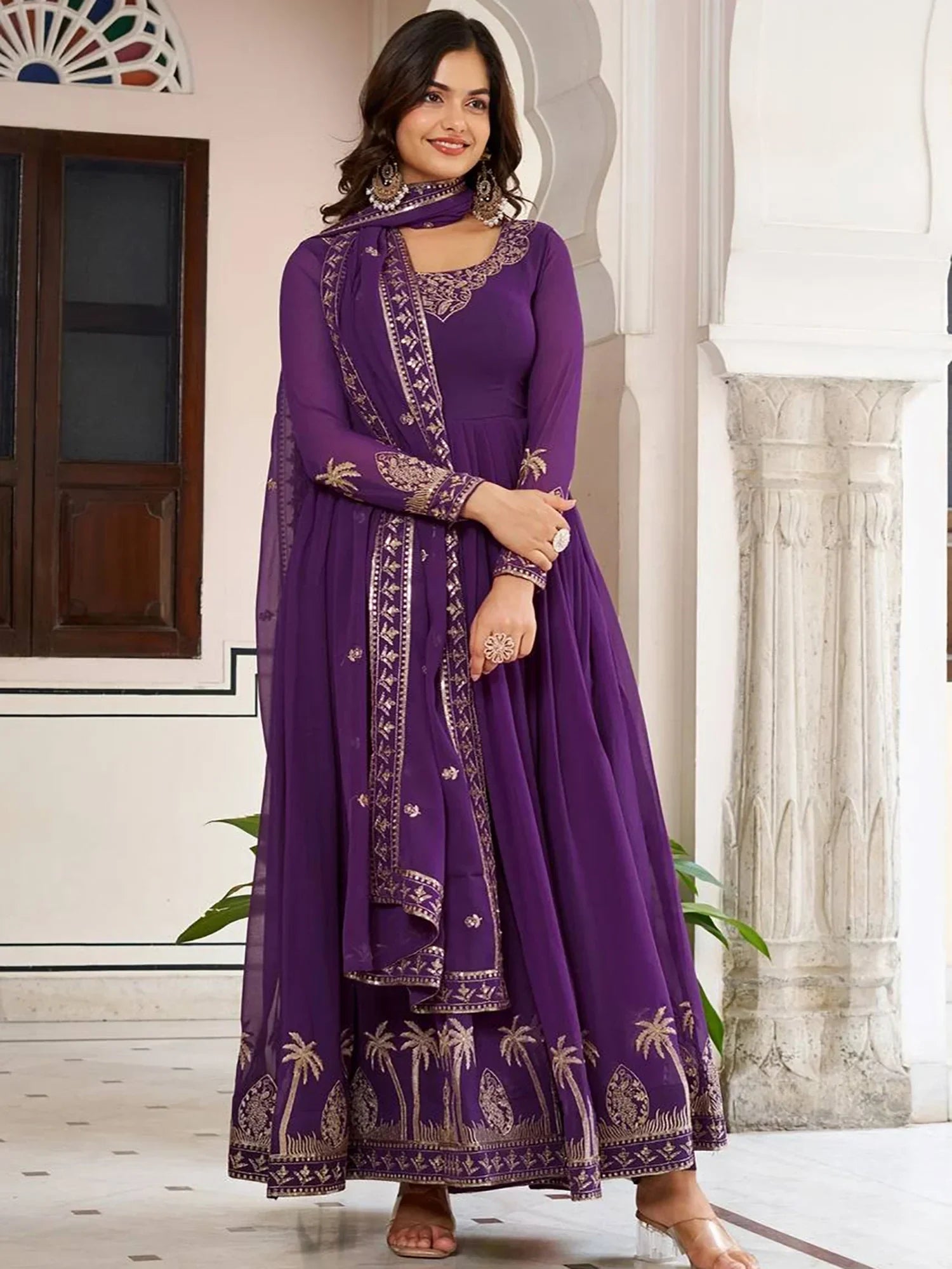 Purple Lovely Embroidered Georgette Function Wear Gown With Dupatta