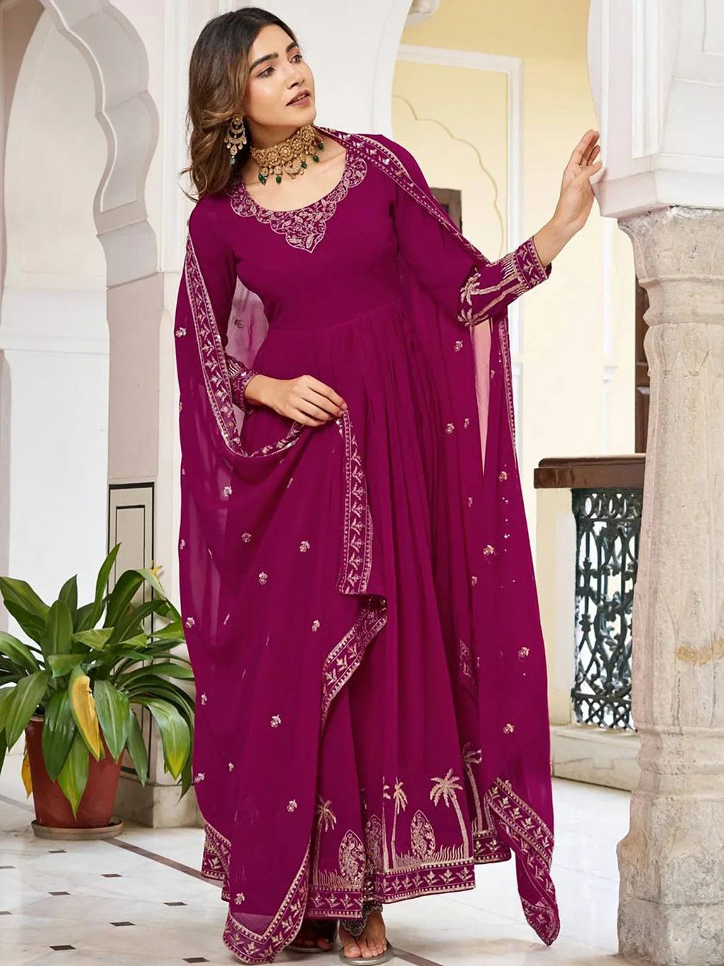 Pink Lovely Embroidered Georgette Function Wear Gown With Dupatta