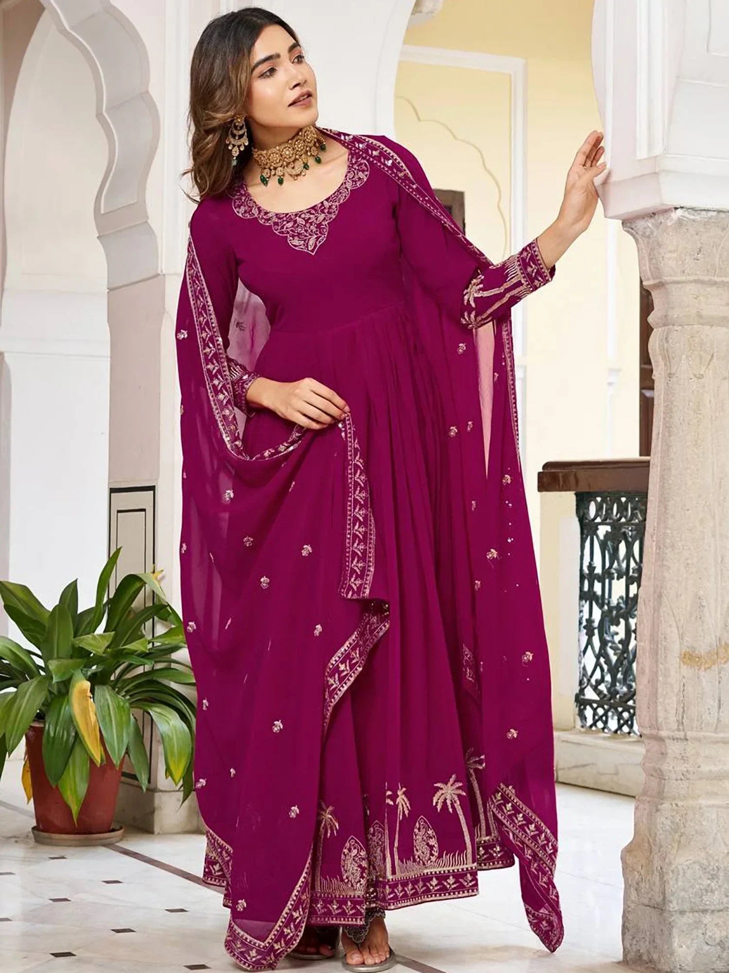 Pink Lovely Embroidered Georgette Function Wear Gown With Dupatta