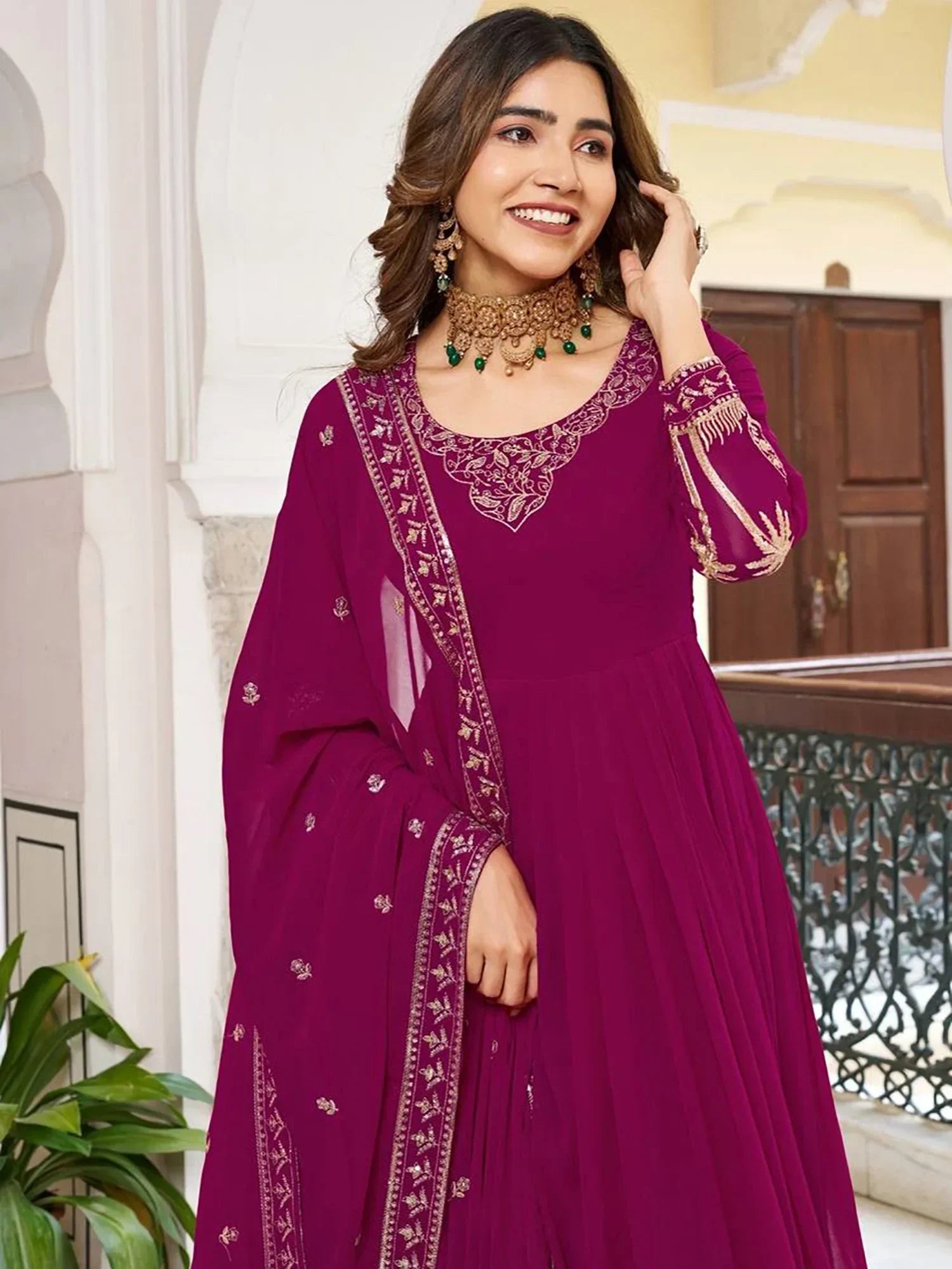Pink Lovely Embroidered Georgette Function Wear Gown With Dupatta