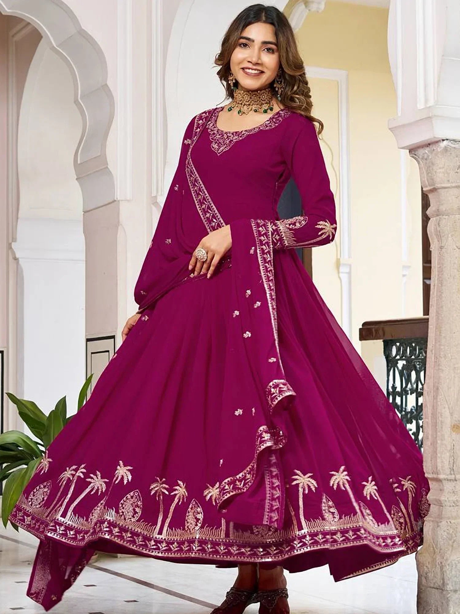 Pink Lovely Embroidered Georgette Function Wear Gown With Dupatta