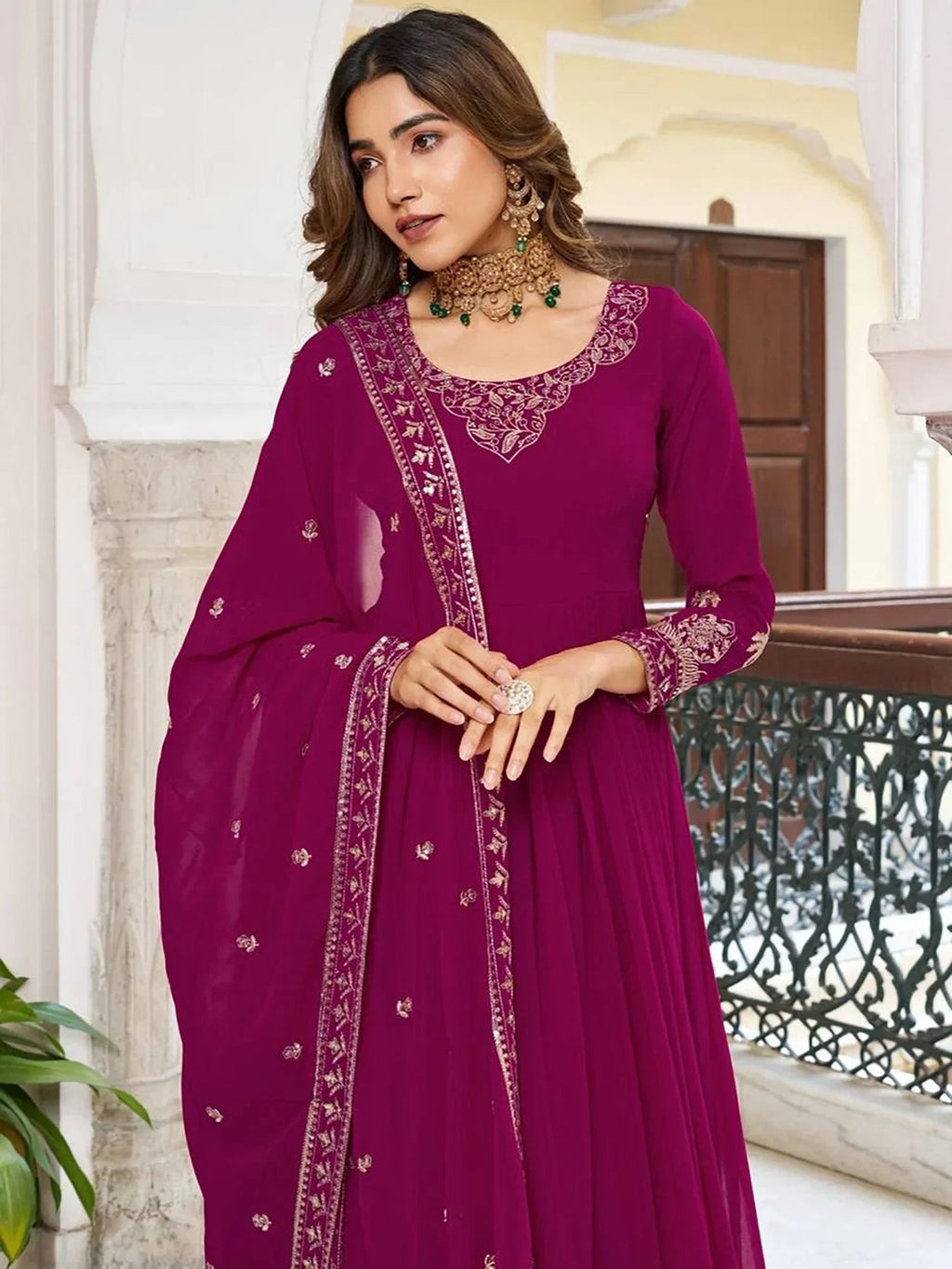 Pink Lovely Embroidered Georgette Function Wear Gown With Dupatta