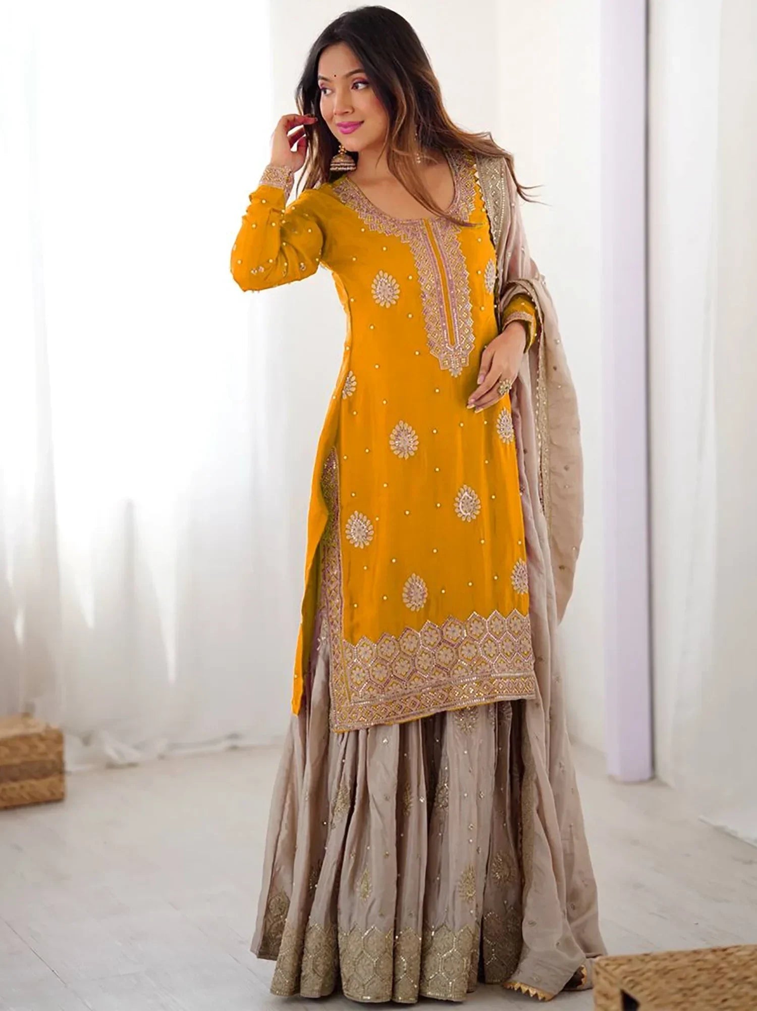 Yellow Gorgeous Embroidered Silk Festival Wear Sharara Suit With Dupatta