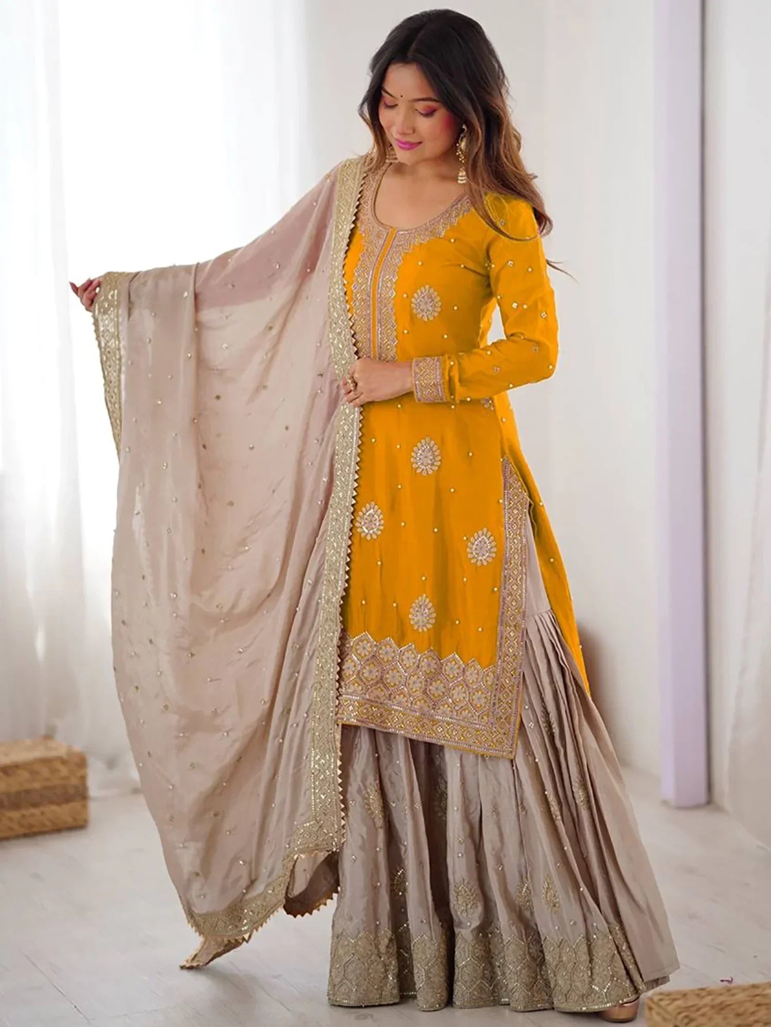 Yellow Gorgeous Embroidered Silk Festival Wear Sharara Suit With Dupatta
