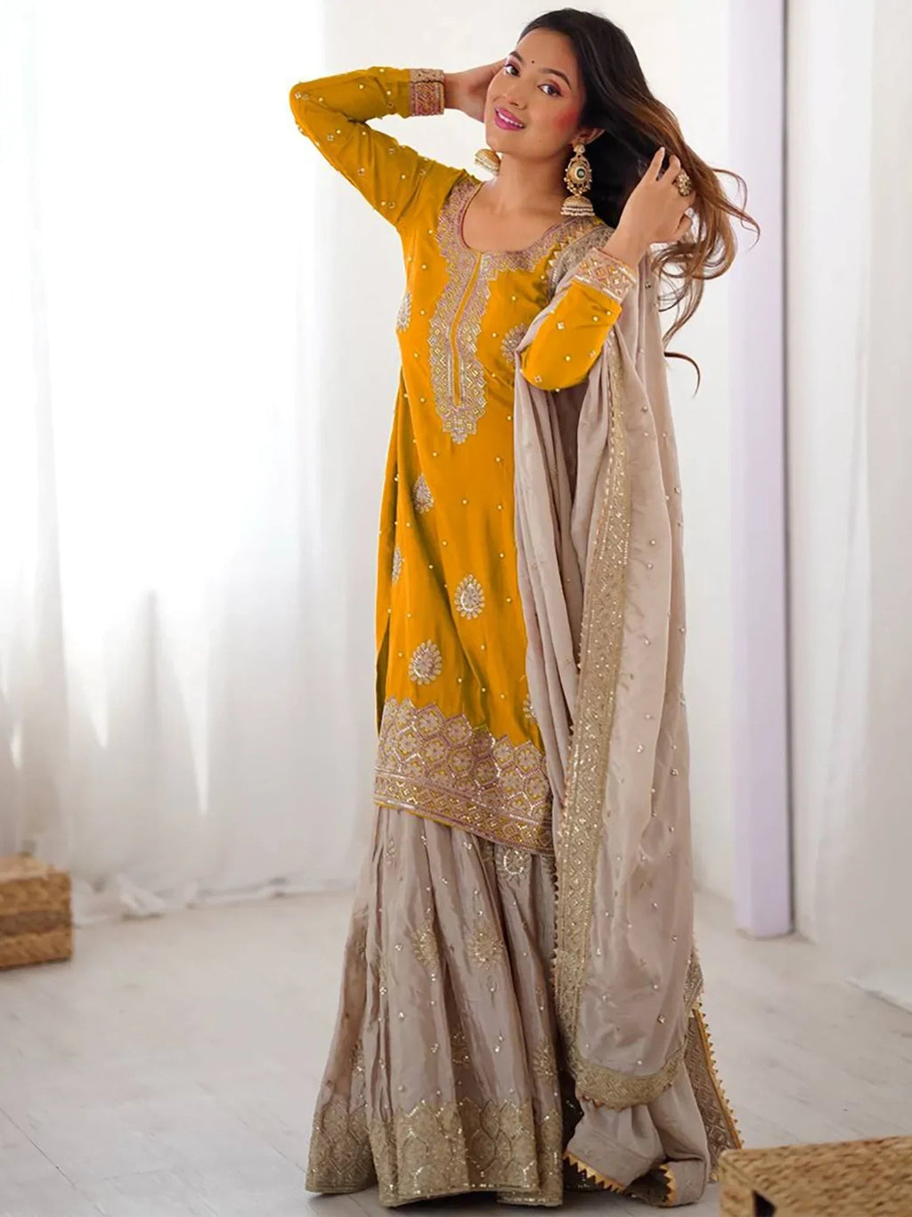 Yellow Gorgeous Embroidered Silk Festival Wear Sharara Suit With Dupatta