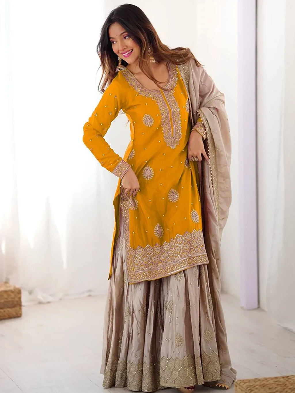 Yellow Gorgeous Embroidered Silk Festival Wear Sharara Suit With Dupatta
