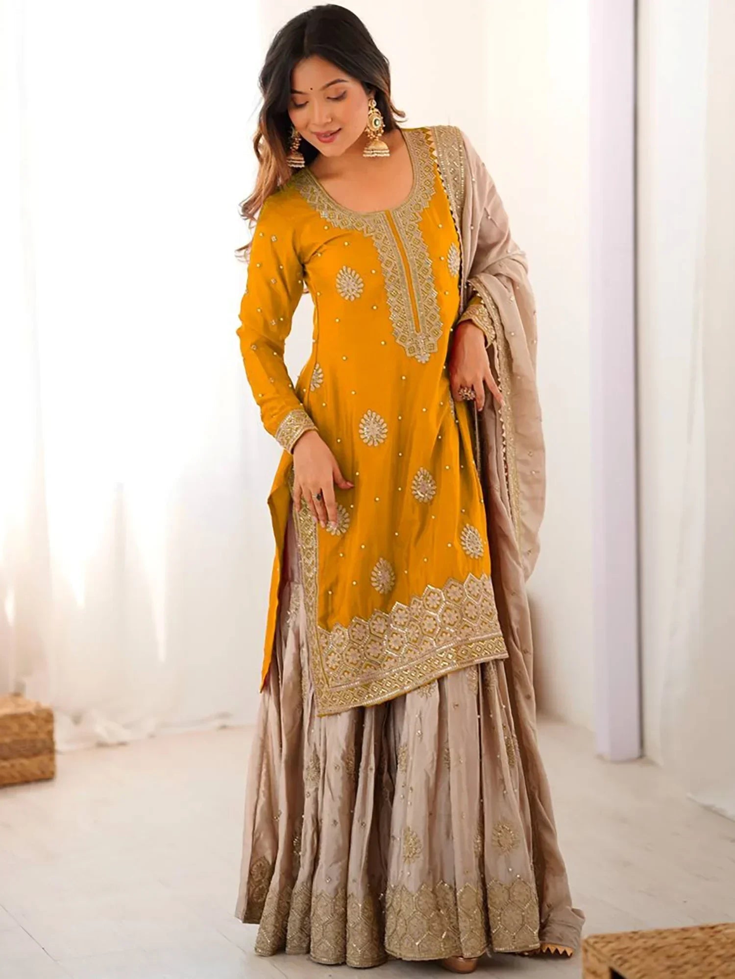 Yellow Gorgeous Embroidered Silk Festival Wear Sharara Suit With Dupatta