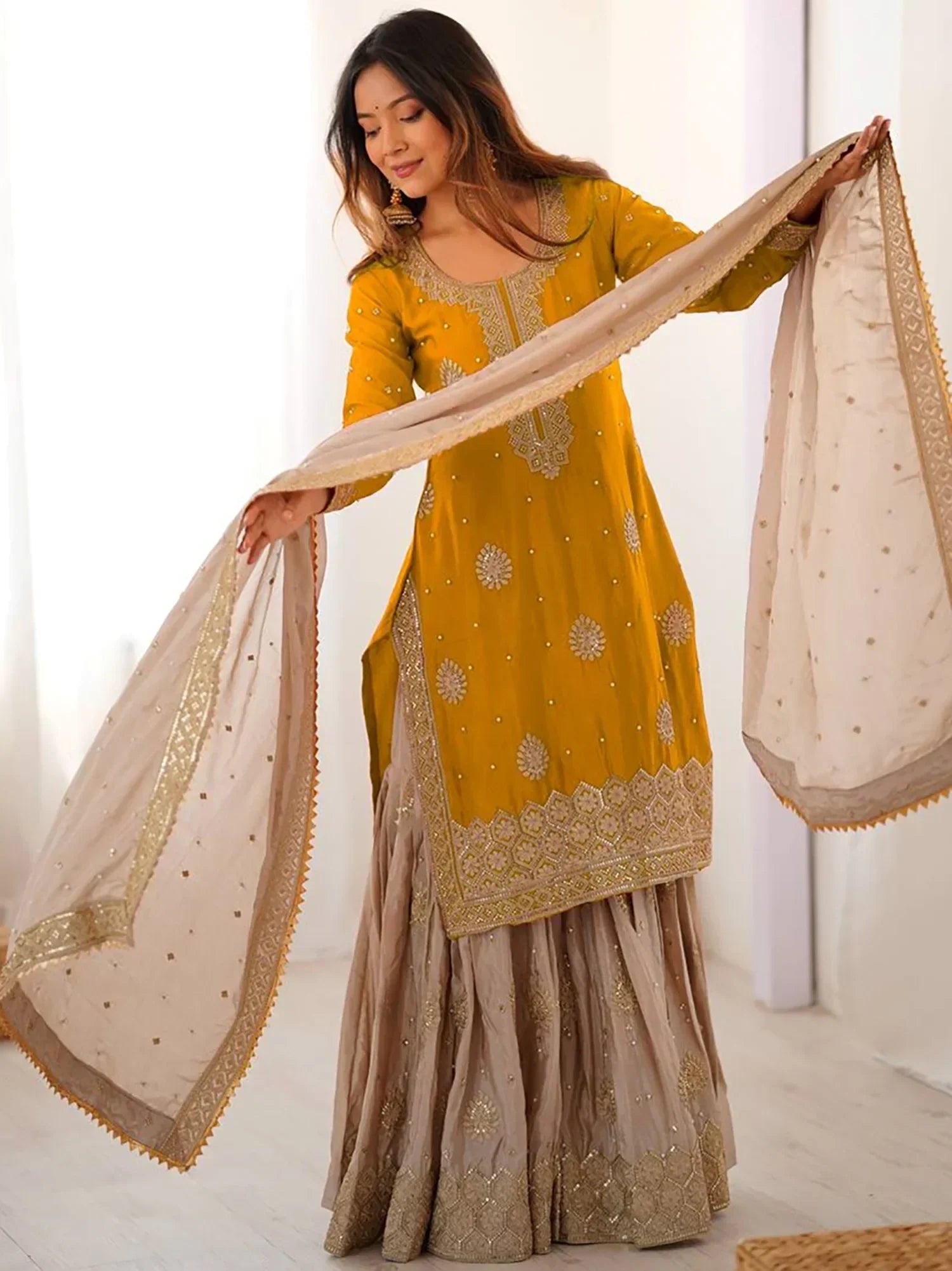 Yellow Gorgeous Embroidered Silk Festival Wear Sharara Suit With Dupatta