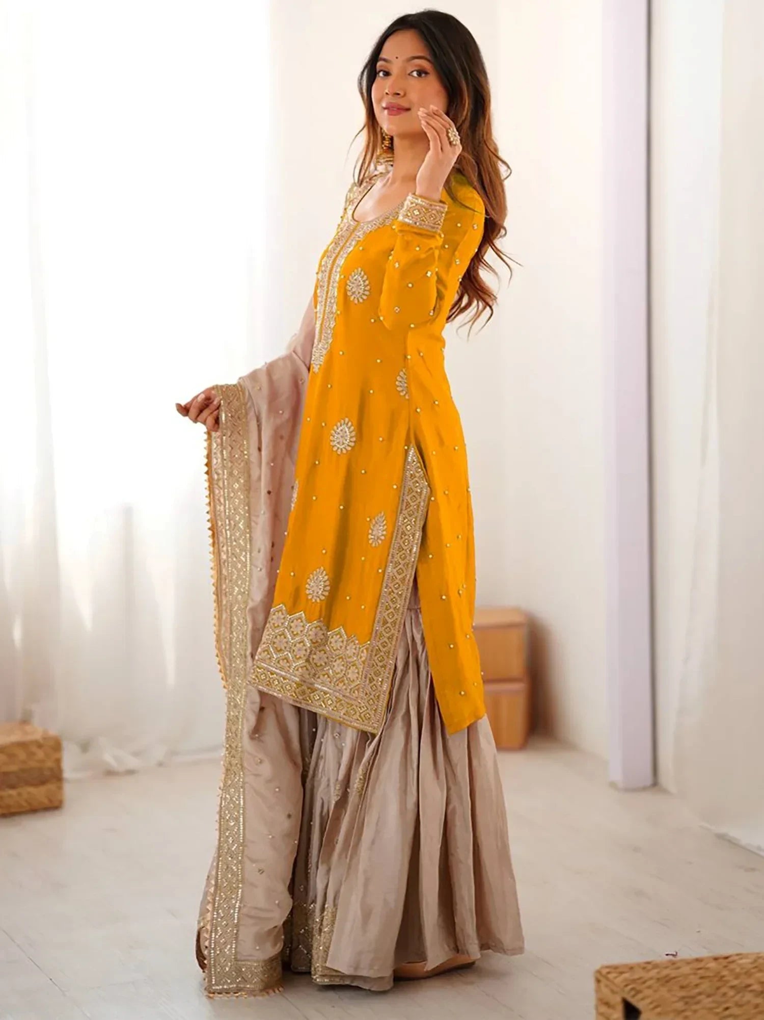 Yellow Gorgeous Embroidered Silk Festival Wear Sharara Suit With Dupatta