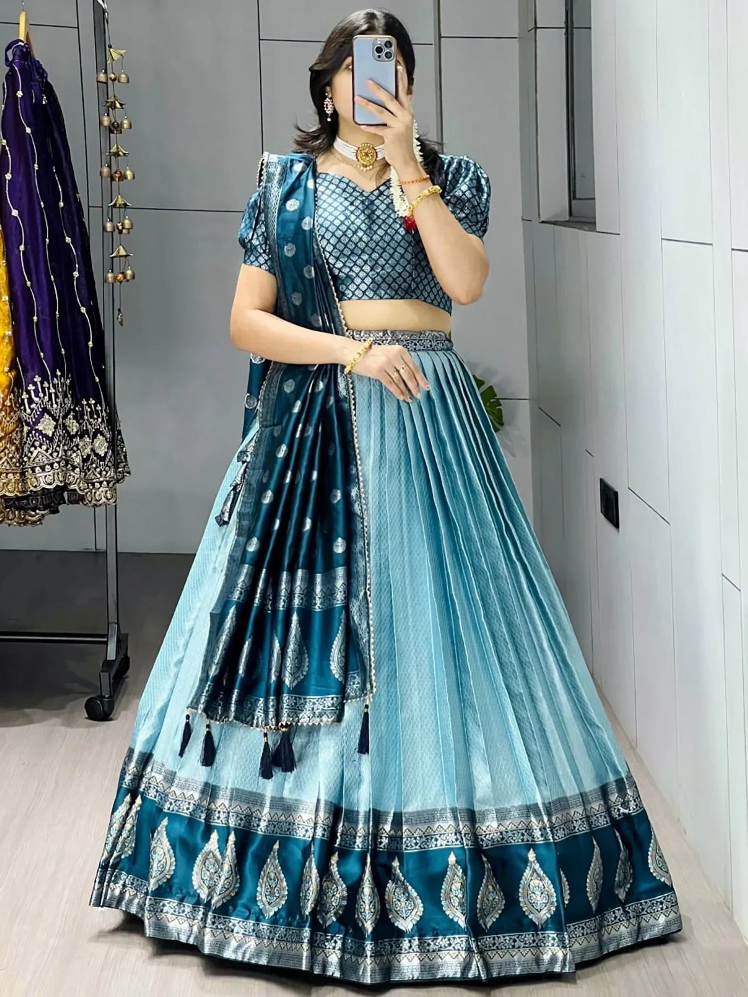Blue Great And Zari Weaving Silk Wedding Wear Lehenga Choli